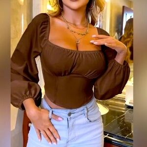 Lantern Sleeve Shirred Back Bustier Crop Top brown large